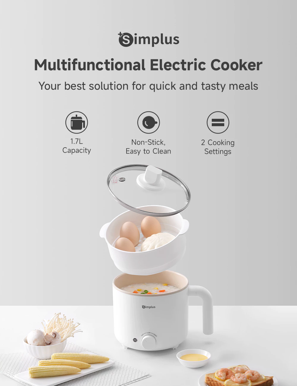 Simplus 1.7L Electric Cooker | 630W Quick Heating | Non-Stick Coating | 2 Temperature DZGH011