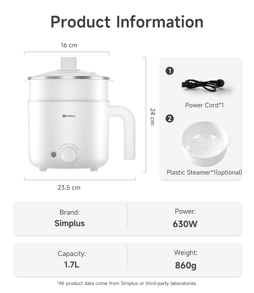 Simplus 1.7L Electric Cooker | 630W Quick Heating | Non-Stick Coating | 2 Temperature DZGH011