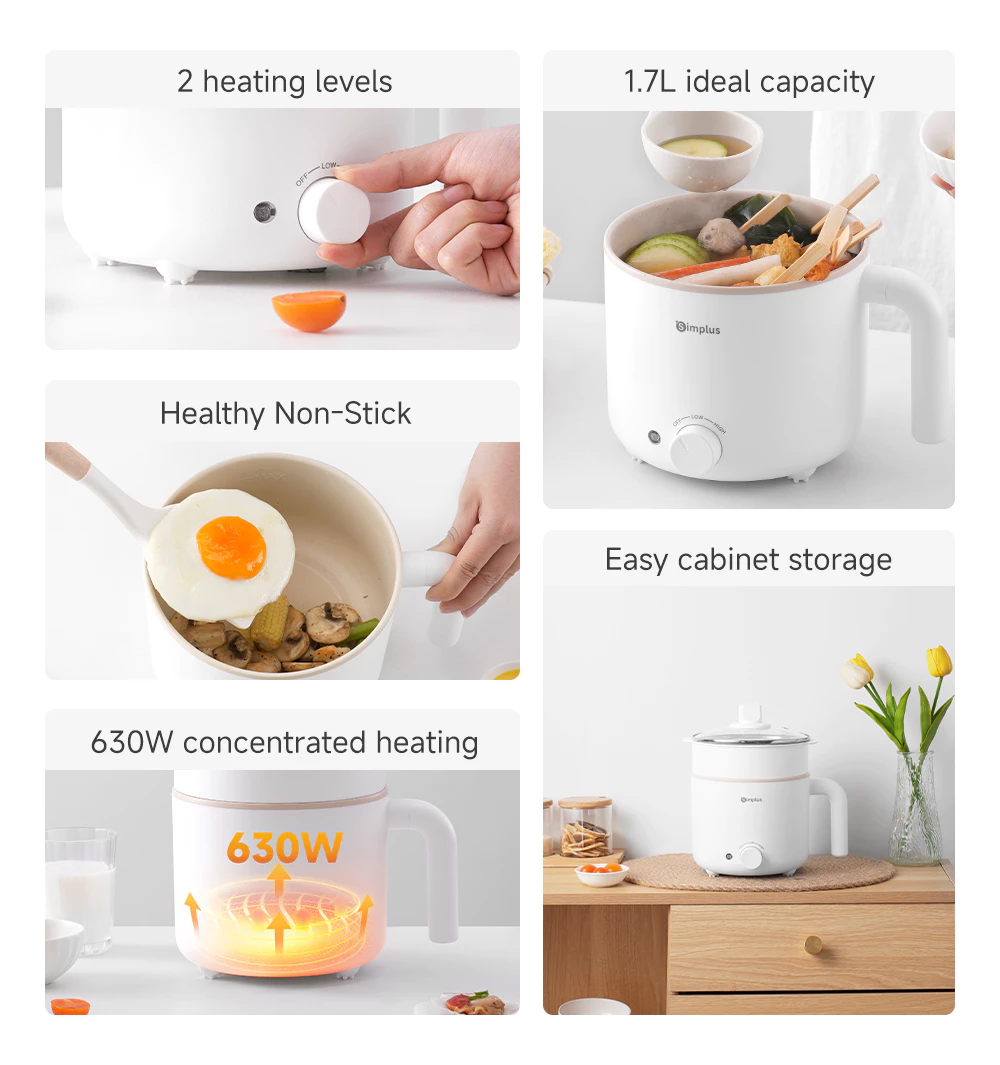 Simplus 1.7L Electric Cooker | 630W Quick Heating | Non-Stick Coating | 2 Temperature DZGH011