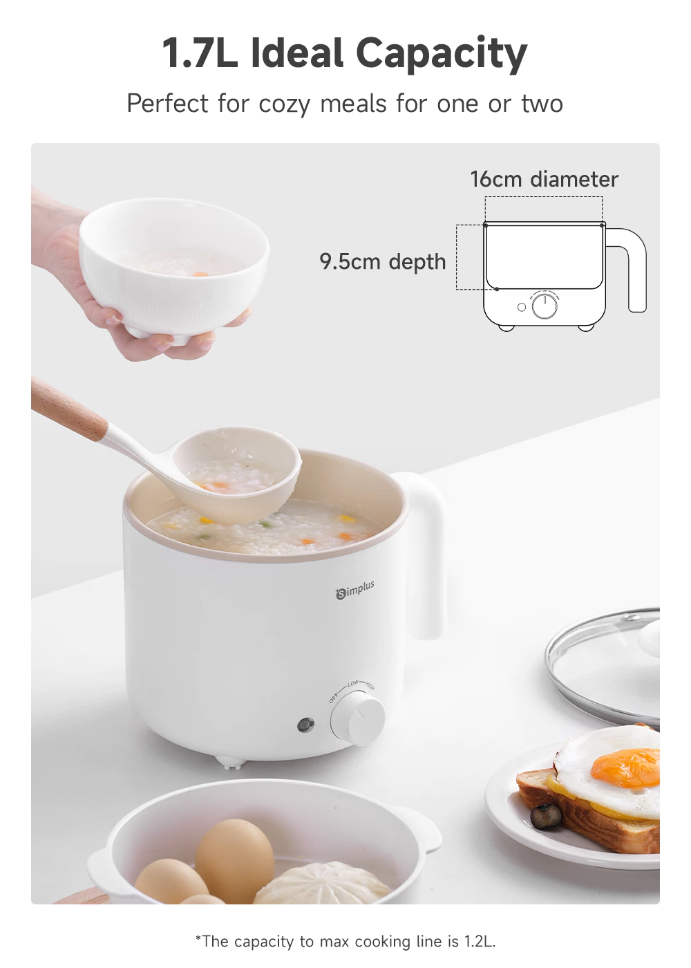 Simplus 1.7L Electric Cooker | 630W Quick Heating | Non-Stick Coating | 2 Temperature DZGH011