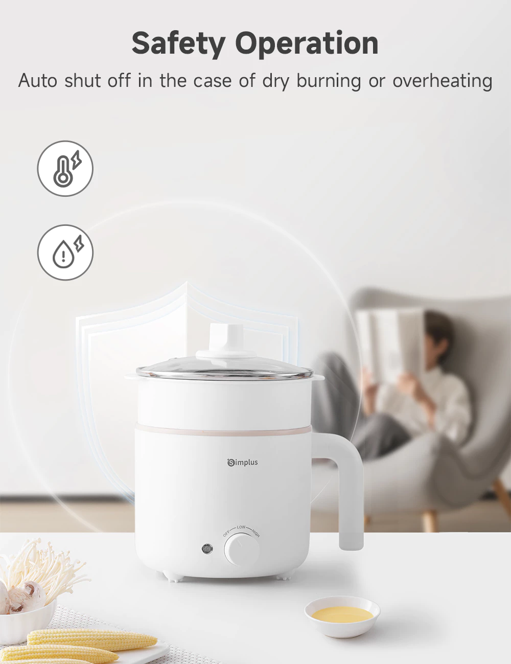 Simplus 1.7L Electric Cooker | 630W Quick Heating | Non-Stick Coating | 2 Temperature DZGH011